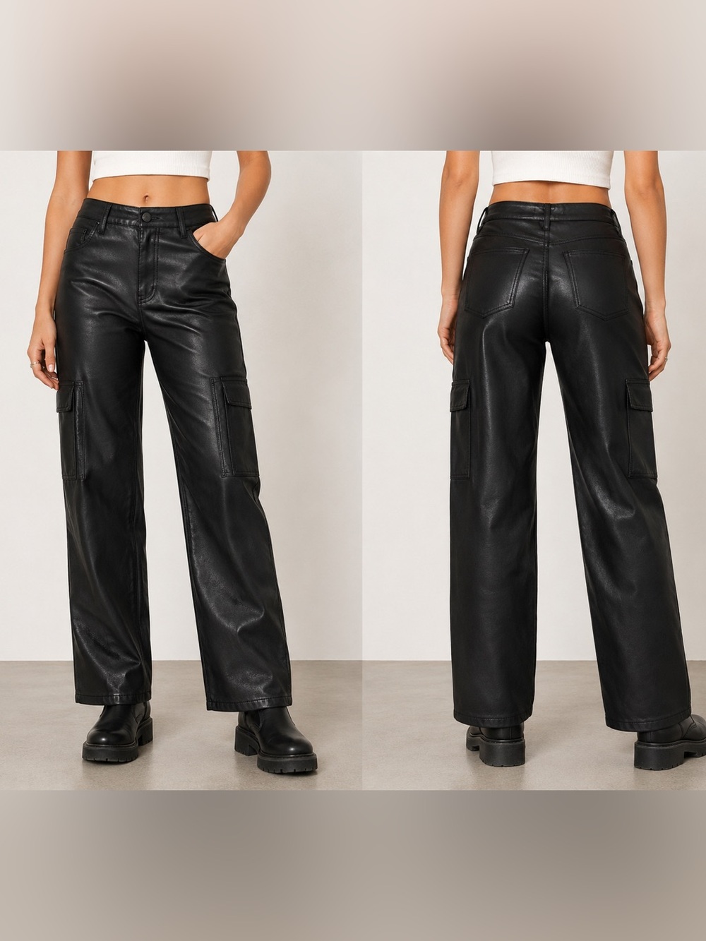 TGLA Black Faux Leather Cargo Pants Wide Leg High Rise Vegan Leather -EUC